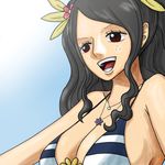  bikini_top black_hair breasts brown_eyes cleavage flower freckles hair_flower hair_ornament ishilly jewelry kyo_(pixiv2376063) large_breasts long_hair lowres mermaid monster_girl necklace one_piece smile solo 