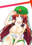  :p alternate_costume blue_eyes braid breasts camisole cleavage hat hong_meiling kiku_hitomoji large_breasts long_hair one_eye_closed red_hair shirt shorts solo star strap_slip tongue tongue_out touhou twin_braids 