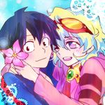  1boy 1girl black_eyes blue_hair couple flower goggles goggles_on_head hair_flower hair_ornament hetero multicolored_hair nia_teppelin one_eye_closed simon smile symbol-shaped_pupils taira_momen tengen_toppa_gurren_lagann two-tone_hair younger 