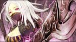 beancurd blade breasts cleavage cleavage_cutout electricity highres irelia league_of_legends looking_at_viewer mask medium_breasts nightblade_irelia pink_eyes purple_eyes short_hair solo sword wallpaper weapon white_hair 