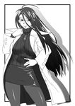  earrings glasses greyscale jewelry justice_gakuen labcoat long_hair minazuki_kyouko monochrome necklace pantyhose pencil_skirt power_play ribbed_sweater skirt solo sweater 