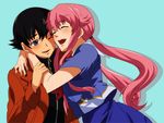  1girl ageha amano_yukiteru black_hair blue_eyes blush couple gasai_yuno happy hetero hug jacket long_hair mirai_nikki open_mouth pink_hair short_hair simple_background 