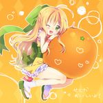  ;d bad_id bad_pixiv_id blonde_hair clog_sandals food fruit green_eyes heart long_hair mandarin_orange one_eye_closed open_mouth original sakuro smile solo translated wrist_cuffs 