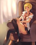  ahoge artoria_pendragon_(all) black_legwear blonde_hair breasts casual catwyz chair curtains fate/zero fate_(series) highres knee_up legs looking_at_viewer navel necktie saber short_hair sitting skirt small_breasts smile solo sunlight thighhighs undressing yellow_eyes 