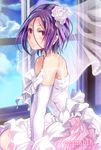  artist_name bad_id bad_pixiv_id bare_shoulders blush bow bridal_veil bride cloud crossdressing day dress elbow_gloves flower gloves hair_flower hair_ornament looking_at_viewer male_focus multicolored multicolored_eyes original otoko_no_ko purple_eyes purple_hair shimaji short_hair sky smile solo veil wedding_dress white_dress window yellow_eyes 