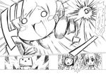  :&lt; blush_stickers chibi comic danboo firing greyscale gun kaname_madoka mahou_shoujo_madoka_magica miki_sayaka monochrome multiple_girls muzzle_flash o_o suigetsu_koubou surprised tomoe_mami weapon 