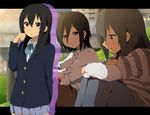  black_eyes black_hair blazer casual dress_shirt extra jacket k-on! kisuke_(akutamu) long_hair makigami_kimiko multiple_girls school_uniform shimizu_kyouko shirt short_hair skirt sleeves_rolled_up striped 