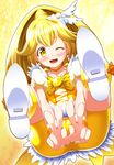  ;d ass bad_id bad_pixiv_id blonde_hair bow cameltoe choker cure_peace double_v eyelashes from_below hair_flaps kise_yayoi one_eye_closed open_mouth precure shorts smile smile_precure! solo takahashi_yuuki v yellow yellow_bow yellow_choker yellow_eyes yellow_shorts 
