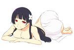  ass bad_feet barefoot black_hair breast_press breasts cleavage flower hair_ornament highres hips hydrangea large_breasts long_hair looking_at_viewer lying nude on_stomach onija_tarou red_eyes sanka_rea sankarea smile solo towel wet wide_hips 