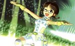  ;d akizuki_ritsuko annindoufu_(oicon) antenna_hair belt braid brown_eyes brown_hair cosmic_&amp;_funny_(idolmaster) glasses gloves highres idolmaster idolmaster_(classic) official_art one_eye_closed open_mouth short_hair smile twin_braids wallpaper 