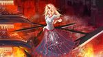  arufa_(hourai-sugar) bad_id bad_pixiv_id blonde_hair cup fire horn hoshiguma_yuugi long_skirt red_background red_eyes sakazuki shirt skirt solo t-shirt touhou 