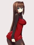  aozaki_aoko aqua_eyes ass black_legwear blush breasts brown_hair chan_co cleavage covering covering_ass cowboy_shot dress dress_tug frown hair_intakes highres large_breasts long_hair looking_back mahou_tsukai_no_yoru pantyhose revision simple_background solo turtleneck wavy_mouth 