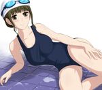  arm_support breasts brown_eyes brown_hair collarbone covered_nipples goggles hanasaku_iroha large_breasts one-piece_swimsuit oshimizu_nako q_q_958023 school_swimsuit smile solo swim_cap swimsuit tile_floor tiles wet 