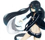  bad_id bad_pixiv_id bikini_top black_rock_shooter black_rock_shooter_(character) black_rock_shooter_(game) blue_eyes burning_eye foreshortening glowing hajime_kaname highres hood hoodie katana long_hair navel scar short_shorts shorts solo sword twintails weapon white_background 