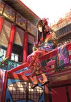  architecture black_hair clog_sandals cup east_asian_architecture fuji_choko full_body hair_ornament holding japanese_clothes kimono long_hair okobo original red_eyes sitting solo water 