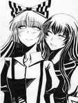  arare_(sayaka) bangs blunt_bangs blush bow closed_eyes friends fujiwara_no_mokou greyscale hair_bow highres ink_(medium) kamishirasawa_keine long_hair monochrome multiple_girls no_hat no_headwear smile touhou traditional_media 