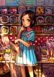  black_hair candy dress food fuji_choko hair_ornament hairclip holding jar lollipop looking_at_viewer original pink_eyes solo sweets 