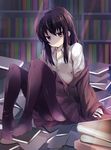  black_hair black_legwear brown_eyes highres jitome long_hair looking_at_viewer messy_hair original pantyhose ponytail school_uniform sidelocks sitting solo tsuzuri_(itosousou) 