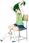  adjusting_hair arms_up chair crossed_legs full_body green_eyes green_hair mattaku_mousuke midorikawa_nao mouth_hold nanairogaoka_middle_school_uniform precure ribbon school_uniform shoes simple_background sitting sleeves_rolled_up smile_precure! socks solo sweater_vest uwabaki vest white_background yellow_ribbon 