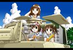  3girls ammunition black_eyes bow brown_hair cloud cross-section day gears gloves ground_vehicle gym_uniform hair_bow hairband headset ilma letterboxed military military_vehicle motor_vehicle multiple_girls open_mouth saegusa_moe satou_sayaka short_twintails sky steering_wheel tank tree twintails type_3_chi-nu unozawa_miyuki 