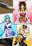  absurdres adapted_costume bare_shoulders black_hair blonde_hair blue_eyes bouquet bow breasts cleavage detached_sleeves dress film_strip flower fountain_pen frog_hair_ornament green_hair grin hair_bow hair_ornament hair_tubes hakurei_reimu hat highres hozenkakari kirisame_marisa kochiya_sanae long_hair medium_breasts multiple_girls pen photo_(object) red_eyes smile snake thighhighs touhou veil wedding_dress white_legwear yellow_eyes 