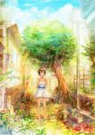  ahoge barefoot bloom bottle brown_eyes brown_hair building carrying colorful drainpipe dress flower food leaf light_rays neyagi original pipes plant plate pot potted_plant short_dress solo standing sunbeam sunlight tofu tree white_dress 