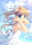  bad_id bad_pixiv_id blue_eyes blue_sky bow breasts brown_hair cloud day dress hair_ribbon hand_in_hair large_bow long_hair looking_at_viewer megumu original ribbon sky small_breasts smile solo twintails upper_body white_dress 