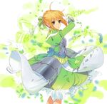  adapted_costume ahoge armor armored_dress artoria_pendragon_(all) bad_id bad_pixiv_id blonde_hair fate/stay_night fate_(series) green green_eyes hair_ribbon highres invisible_air leaf puffy_sleeves ribbon saber solo umishima_senbon wind 