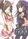  :p animal_ears bare_shoulders bell black_dress black_gloves black_gothic_dress_(idolmaster) black_panties breasts brown_hair cat_ears cat_tail choker cleavage cream dress earrings flower garter_belt gloves green_eyes hair_flower hair_ornament idolmaster idolmaster_cinderella_girls jewelry long_hair looking_back maekawa_miku midriff multiple_girls navel panties pantyhose ponytail ribbon shibuya_rin skirt small_breasts smile tail thighhighs tongue tongue_out ueshita underwear 