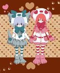  animal_costume animal_ears apollo_cake bad_id bad_pixiv_id belt blue_eyes blue_hair blush_stickers bow braid c: gloves hair_bow heart highres hong_meiling izayoi_sakuya multiple_girls paw_print red_eyes red_hair striped striped_legwear tail thighhighs touhou 