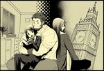  beard bob_cut book casual dual_persona elizabeth_tower facial_hair fate/zero fate_(series) kikuyarou landmark long_hair lord_el-melloi_ii male_focus moire monochrome multiple_boys older reading rider_(fate/zero) shirt t-shirt waver_velvet 