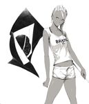 brazil brazilian_flag clothes_writing cowboy_shot dark_skin earrings flag greyscale jewelry looking_at_viewer monochrome navel original shorts simple_background smile solo sousou_(sousouworks) tank_top white_background 