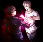 blonde_hair bracelet brown_hair command_spell fate/zero fate_(series) gilgamesh glowing glowing_eyes jewelry kotomine_kirei male_focus md5_mismatch multiple_boys necklace red_eyes zihad 