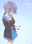  a-ka cardigan closed_eyes glasses highres kita_high_school_uniform nagato_yuki paper purple_hair school_uniform serafuku short_hair snowflakes solo suzumiya_haruhi_no_shoushitsu suzumiya_haruhi_no_yuuutsu 