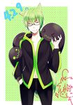  animal_ears black_pants blazblue cat_ears glasses green_background green_hair hand_in_pocket hazama kemonomimi_mode kusayusaai male_focus multiple_boys navel pants ragna_the_bloodedge smile yellow_eyes 