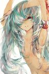  amputee aqua_eyes aqua_hair armpits arms_up blood bone flat_chest guro hair_censor hair_over_breasts hair_over_one_eye hatsune_miku long_hair looking_at_viewer messy_hair moemoe3345 nail_polish navel smile solo vocaloid 