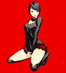  black_hair breasts brown_eyes choker copyright_request dress full_body kneeling long_sleeves looking_at_viewer medium_breasts miniskirt red_background short_dress short_hair simple_background skirt sleeves_past_wrists solo sousou_(sousouworks) thighhighs 