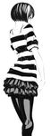 copyright_request frills from_behind gathers greyscale looking_back miniskirt monochrome pantyhose shirt short_hair short_sleeves simple_background skirt solo sousou_(sousouworks) striped striped_shirt white_background 