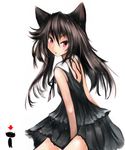  animal_ears bare_shoulders black_dress black_hair cyl directional_arrow dot_heit dress long_hair looking_back mascot personification red_eyes solo steam_(platform) tsurime 