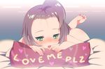  :o bad_id bad_pixiv_id barefoot blush brown_hair feet forehead foreshortening green_eyes looking_at_viewer lying nude on_stomach original pillow short_hair solo topknot zpolice 