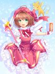  bad_id bad_pixiv_id brown_hair card cardcaptor_sakura clow_card dress fuuin_no_tsue glove_bow gloves green_eyes hat hibaarborvitae highres holding holding_card kero kinomoto_sakura magical_girl open_mouth pink_hat short_hair smile staff wand white_gloves wings 