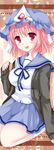  alternate_costume blush breasts cardigan hat jacket mameyarou medium_breasts open_cardigan open_clothes open_mouth pink_eyes pink_hair saigyouji_yuyuko school_uniform serafuku short_hair skirt smile solo touhou triangular_headpiece 