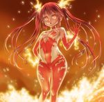  asanagi bodysuit breasts choker covered_nipples cthugha_(nyaruko-san) elbow_gloves fiery_hair fire flame gloves haiyore!_nyaruko-san highres long_hair looking_at_viewer navel open_mouth red_eyes red_gloves red_hair revealing_clothes small_breasts solo twintails 