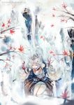  animal_ears blurry branch depth_of_field detached_sleeves falling hat highres inubashiri_momiji japanese_clothes leaf maple_leaf red_eyes shinigami_wyvern short_hair solo tokin_hat touhou tree water waterfall watermark web_address white white_hair 