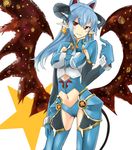  animal_ears blue_hair earrings extra_ears gloves haik highres horns jewelry long_hair low_wings navel red_eyes shinrabanshou solo star wings yoru_maou_belpheria 