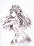  ahoge bare_shoulders blush dress graphite_(medium) highres index long_hair looking_back monochrome sketch solo sundress sweetwitch to_aru_majutsu_no_index traditional_media 