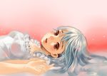  breasts brown_eyes dress long_hair lying open_mouth original silver_hair small_breasts solo sweetwitch white_dress 
