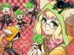  1girl :&gt; animal_ears arin66 blazblue blonde_hair cat_ears cat_tail checkered checkered_background chibi closed_eyes formal glasses green_eyes green_hair hat hazama hood kazuma_kuvaru kemonomimi_mode multiple_persona pants red_background round_eyewear short_hair smile suit tail trinity_glassfield yellow_eyes yuuki_terumi 