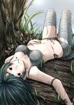  7zu7 bandages breasts freckles green_hair long_hair lying medium_breasts midriff mushroom navel on_back original red_eyes scar smile solo stalk_in_mouth stitches thighhighs upside-down 