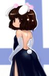  animal_ears back backless_dress backless_outfit bare_back bare_shoulders brown_eyes brown_hair bunny_ears bunny_tail dress elbow_gloves formal gloves hair_bobbles hair_ornament inaba_tewi kuri-magu_kuroguro looking_back short_hair side_slit solo tail touhou 
